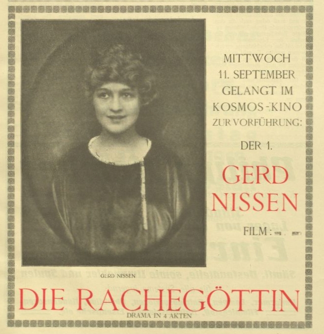 1918年9月7日付ノイエ・キノ・ルントシャウ紙より 主演作『復讐の女神』の広告